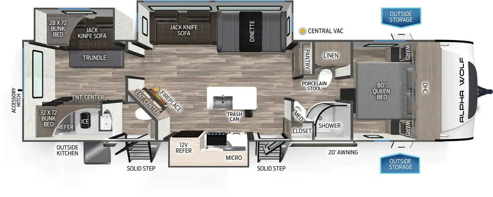 The 33BH has three slideouts and two entries. Exterior features a 20 foot awning, solid step entries, outside storage, outside kitchen with refrigerator and ice maker, and rear accessory hitch. Interior layout front to back: foot-facing queen bed with overhead cabinet and wardrobes on each side; split pass-through full bathroom with linen closet, porcelain stool, and medicine cabinet; pantry along inner wall; off-door side slideout with dinette and jack knife sofa; door side closet, entry door, and a slideout with microwave, cooktop, overhead cabinet and 12 volt refrigerator; angled entertainment center with fireplace below and central vacuum along inner wall; kitchen island with sink and trash can; rear bunk house with off-door side slideout with jack knife sofa and trundle below and bunk bed above, door side half bathroom with second entry, and door side entertainment center below with a bunk bed above.